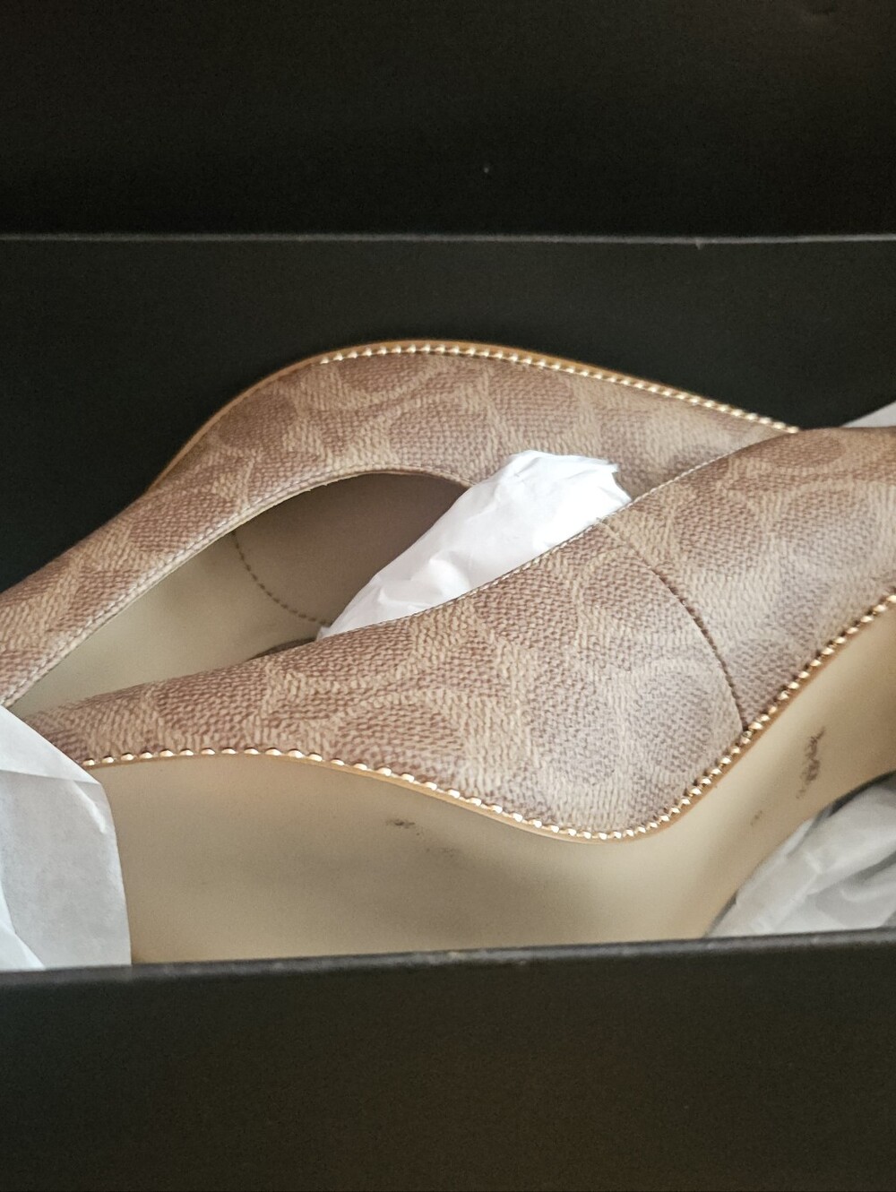 Coach Tan Brown Patterned Heeled Pumps with Gold Trim